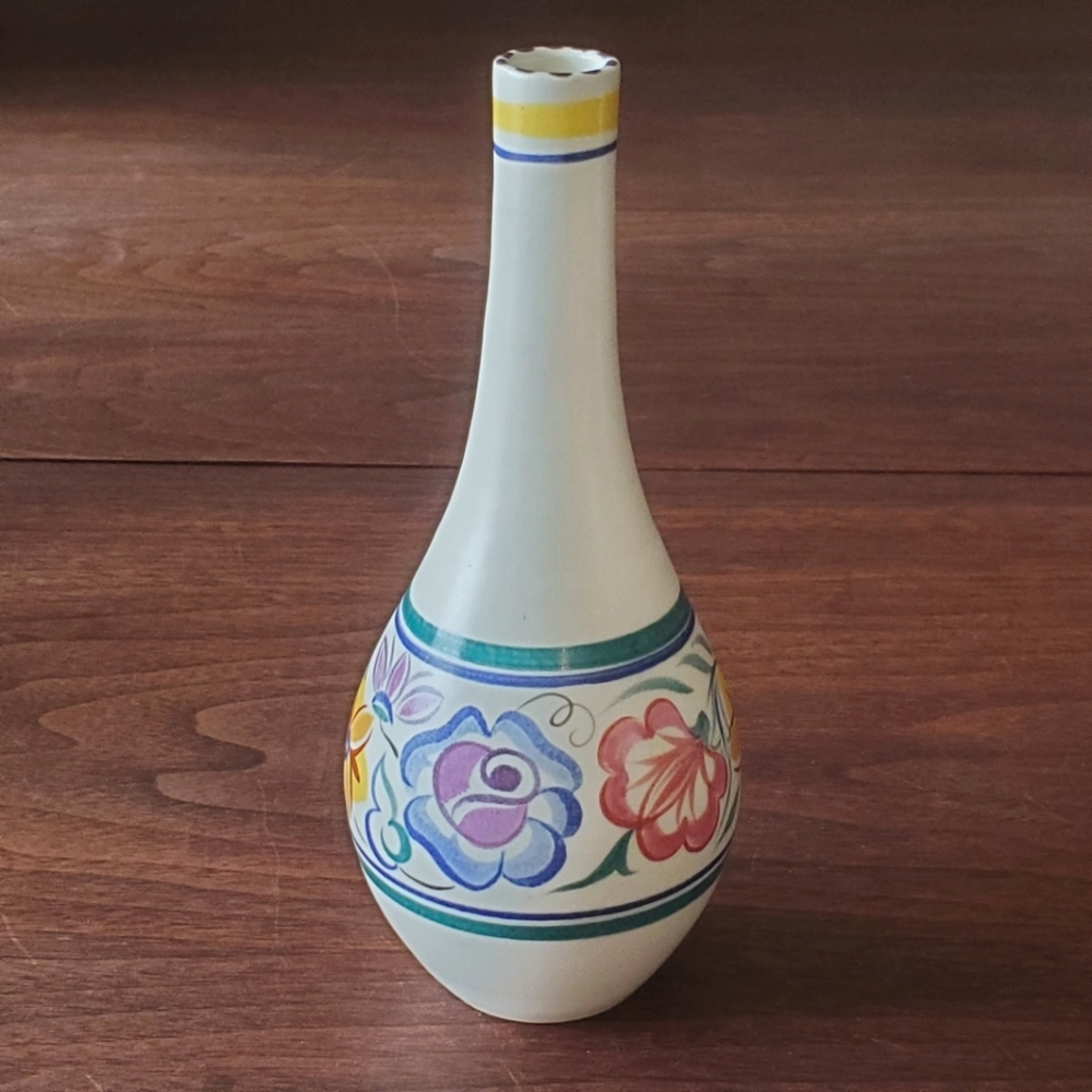 Vintage English Poole Pottery White Vase with Hand Painted Flowers
